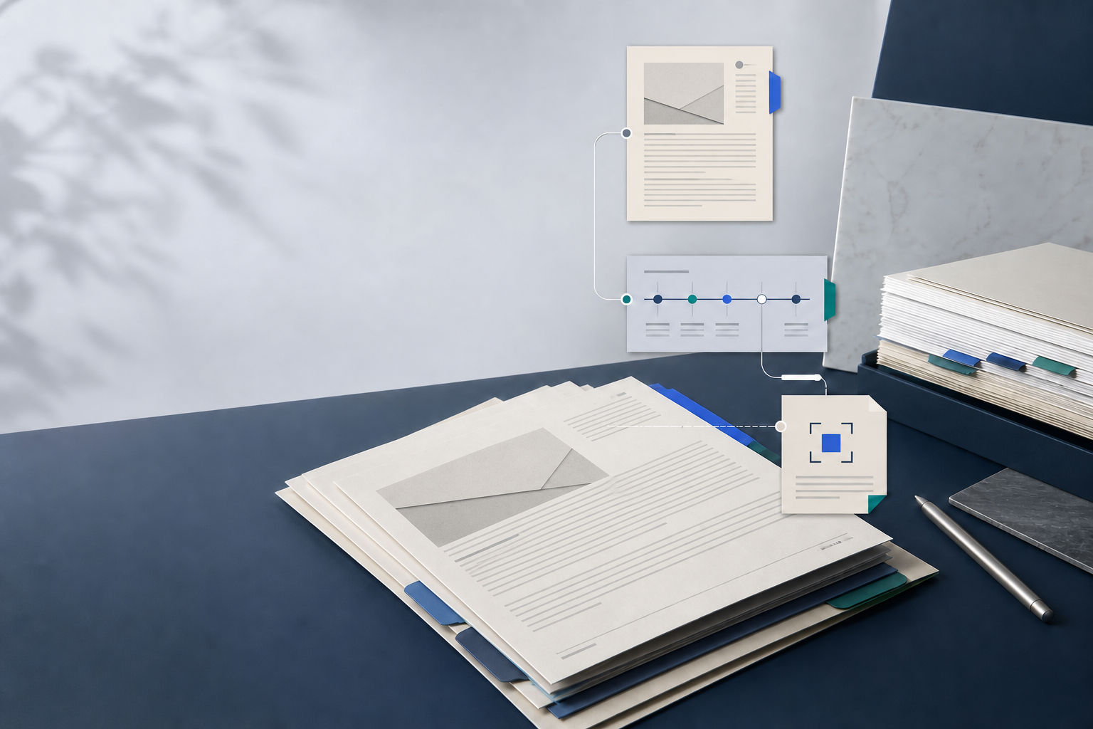 An abstract evidence workspace linking source documents, a timeline, and a review record.